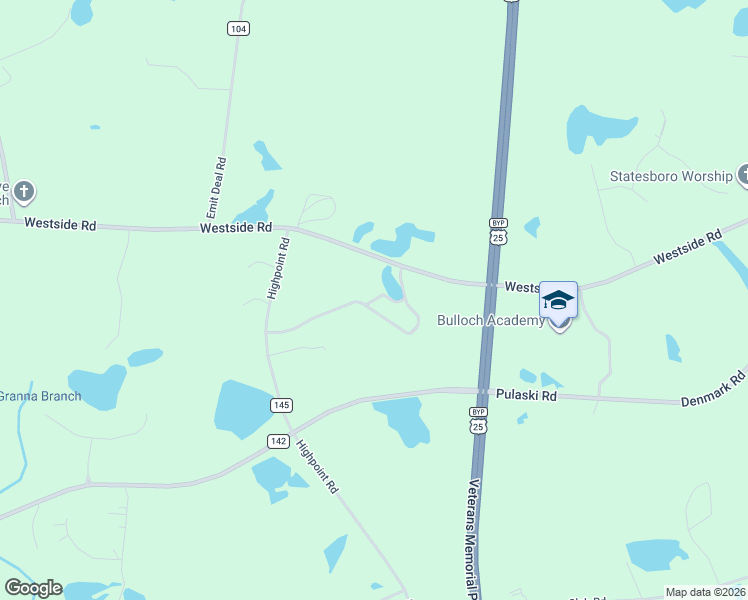 map of restaurants, bars, coffee shops, grocery stores, and more near 205 Hodges Lane in Statesboro