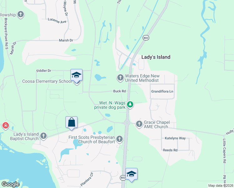 map of restaurants, bars, coffee shops, grocery stores, and more near 7 Buck Road in Beaufort