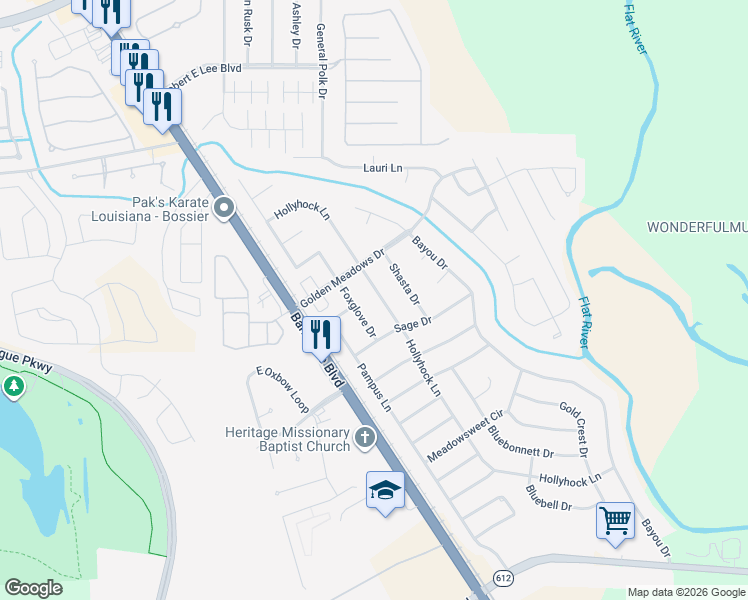 map of restaurants, bars, coffee shops, grocery stores, and more near 5412 Hollyhock Lane in Bossier City