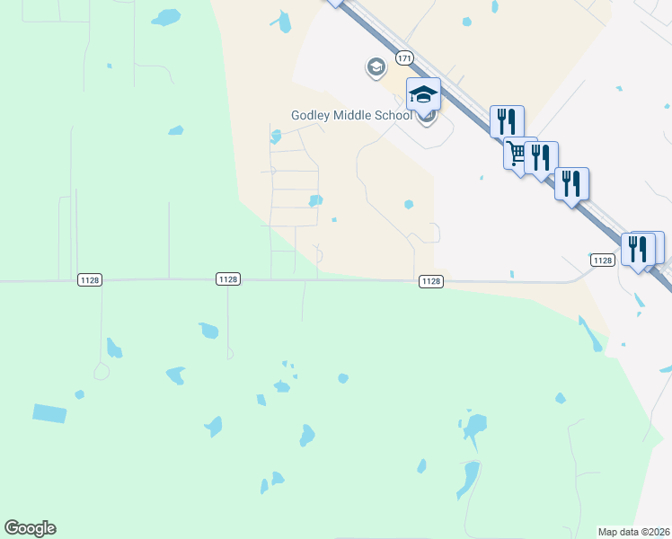map of restaurants, bars, coffee shops, grocery stores, and more near 8140 County Road 1128 in Godley