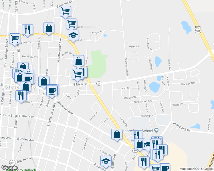 map of restaurants, bars, coffee shops, grocery stores, and more near 336 East Main Street in Statesboro