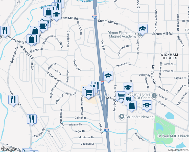 map of restaurants, bars, coffee shops, grocery stores, and more near 3866 Hawaii Way in Columbus