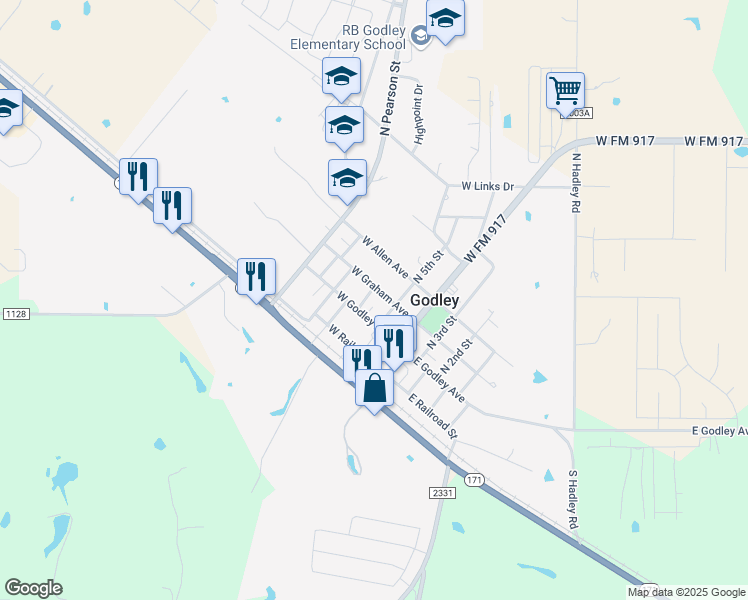 map of restaurants, bars, coffee shops, grocery stores, and more near 313 West Graham Street in Godley