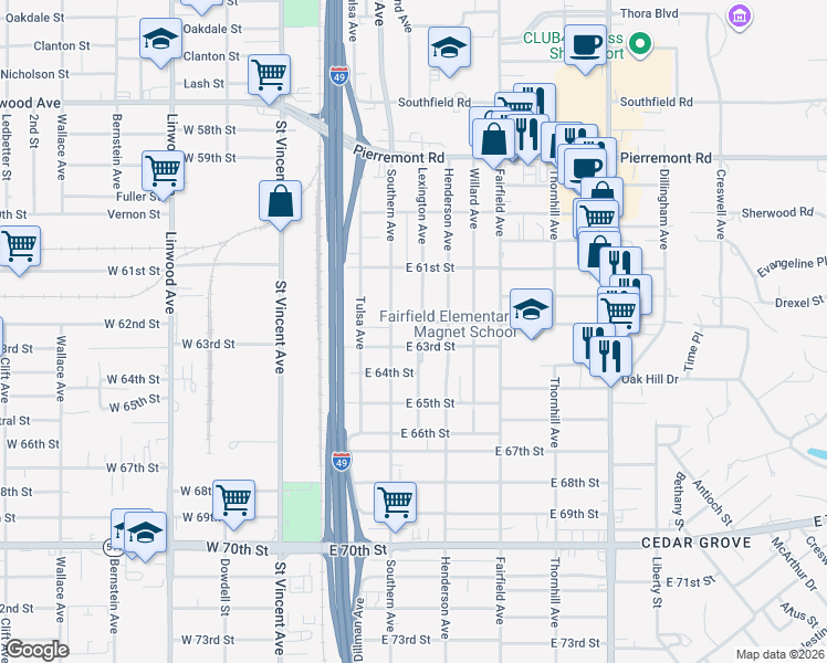 map of restaurants, bars, coffee shops, grocery stores, and more near 6202 Lexington Avenue in Shreveport
