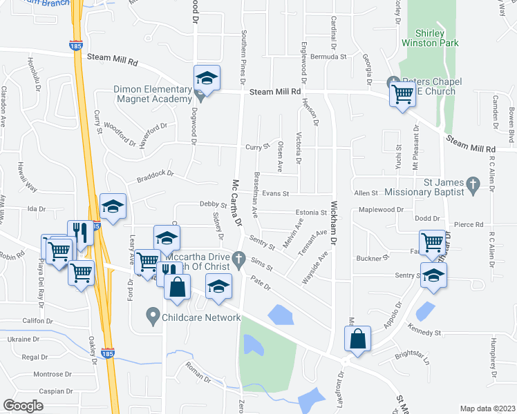 map of restaurants, bars, coffee shops, grocery stores, and more near 4501 Estonia Street in Columbus