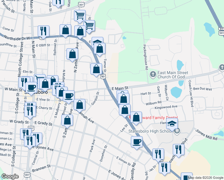 map of restaurants, bars, coffee shops, grocery stores, and more near 196 Northside Dr E in Statesboro