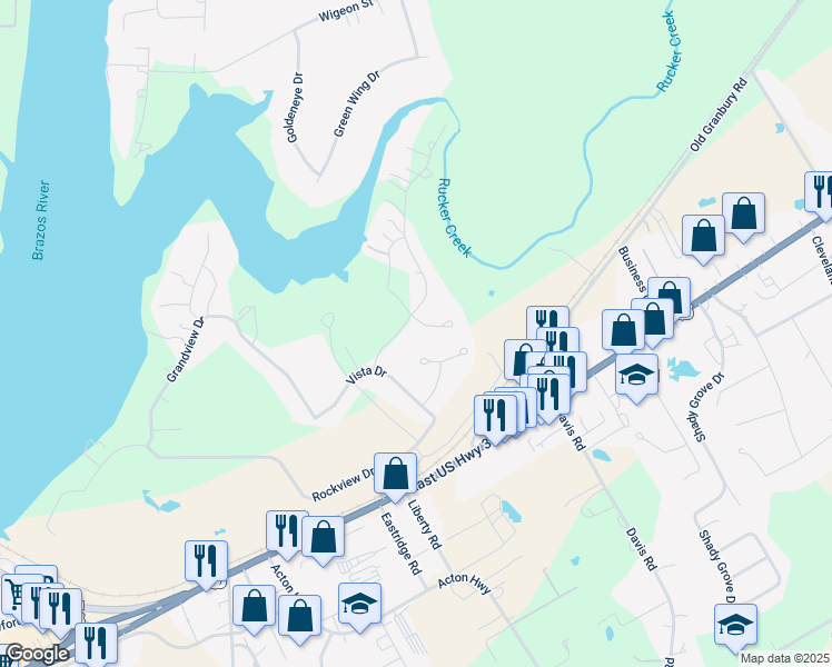 map of restaurants, bars, coffee shops, grocery stores, and more near 2113 Lakewood Trail in Granbury