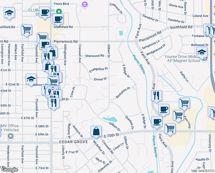 map of restaurants, bars, coffee shops, grocery stores, and more near 400 Trinity Circle in Shreveport