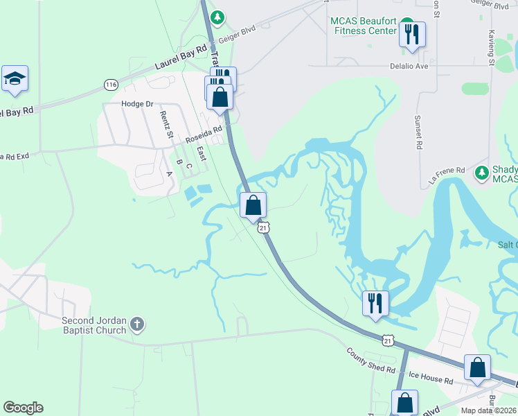 map of restaurants, bars, coffee shops, grocery stores, and more near 3511 Trask Pkwy in Beaufort