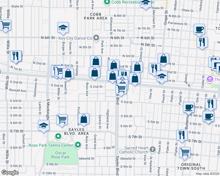 map of restaurants, bars, coffee shops, grocery stores, and more near 2117 South 1st Street in Abilene