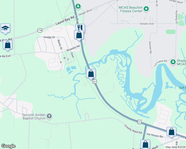 map of restaurants, bars, coffee shops, grocery stores, and more near 3511 Trask Parkway in Beaufort