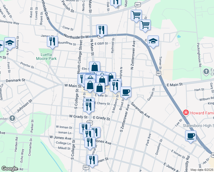map of restaurants, bars, coffee shops, grocery stores, and more near 31 Courtland Street in Statesboro