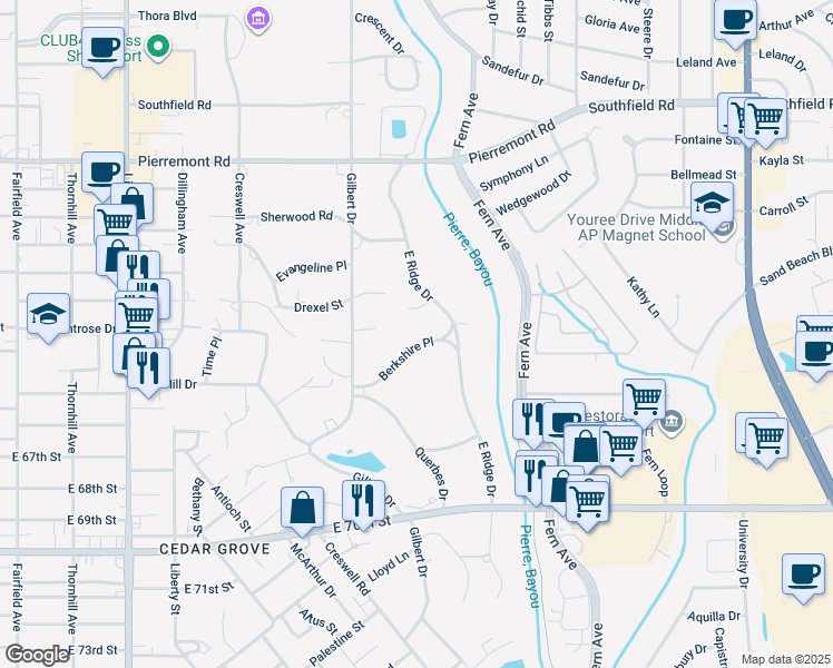 map of restaurants, bars, coffee shops, grocery stores, and more near 328 Berkshire Place in Shreveport