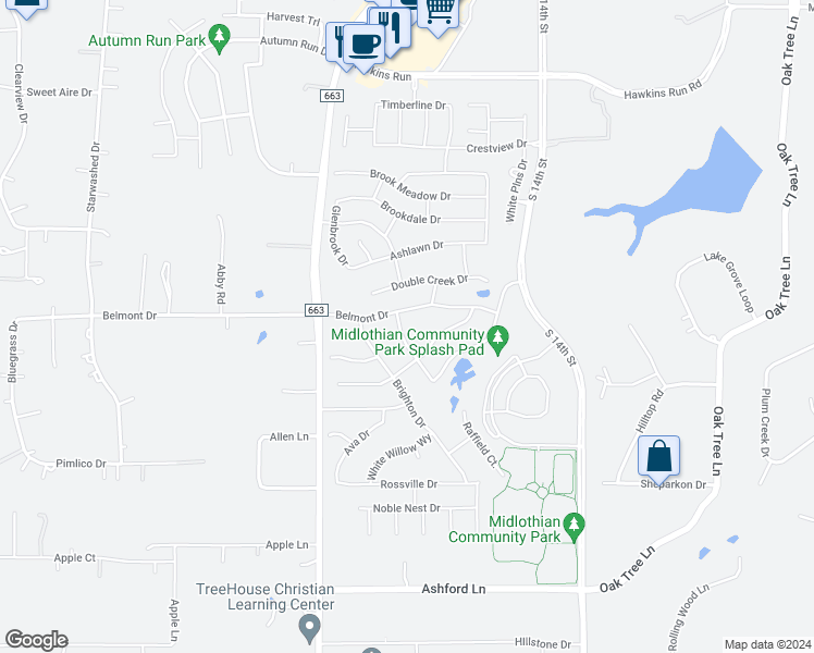 map of restaurants, bars, coffee shops, grocery stores, and more near 3202 Meadow Ridge Drive in Midlothian