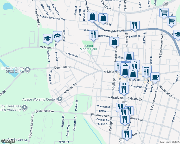 map of restaurants, bars, coffee shops, grocery stores, and more near 210 West Main Street in Statesboro