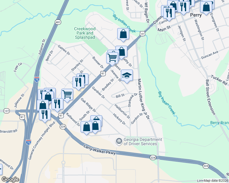 map of restaurants, bars, coffee shops, grocery stores, and more near 512 Betty Street in Perry