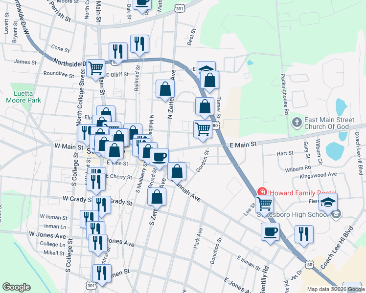map of restaurants, bars, coffee shops, grocery stores, and more near 4 North Zetterower Avenue in Statesboro