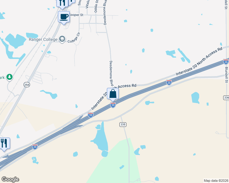 map of restaurants, bars, coffee shops, grocery stores, and more near 20 County Road 235 in Ranger