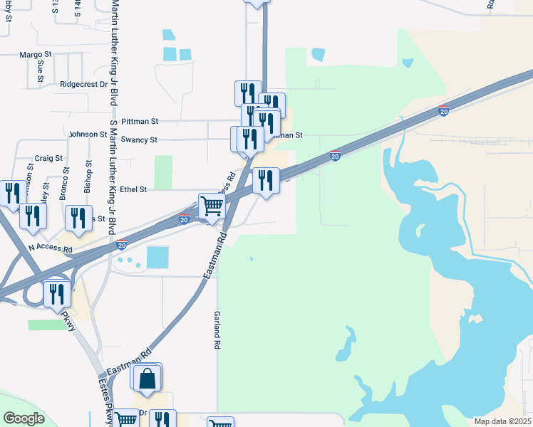 map of restaurants, bars, coffee shops, grocery stores, and more near 900 South Access Road in Longview