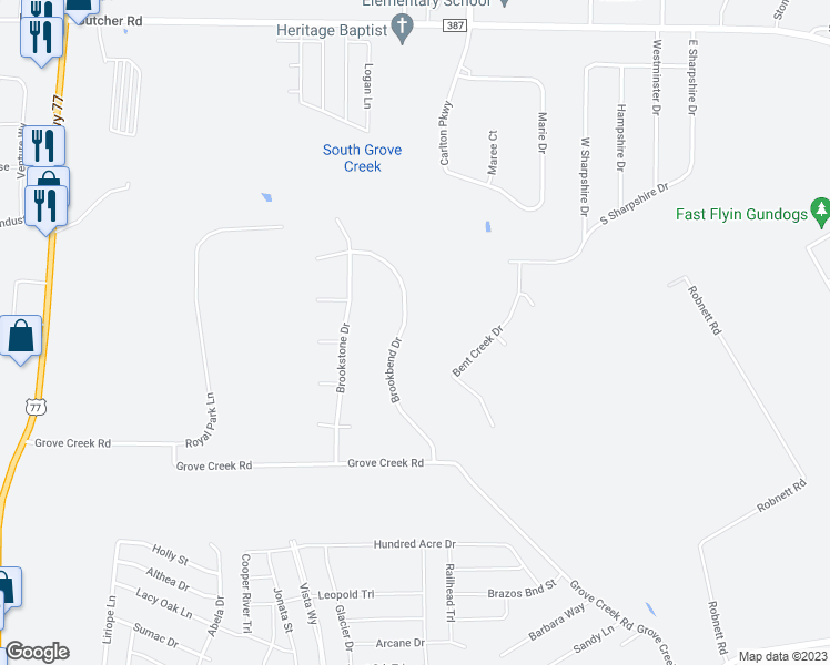 map of restaurants, bars, coffee shops, grocery stores, and more near 230 Brookbend Drive in Waxahachie