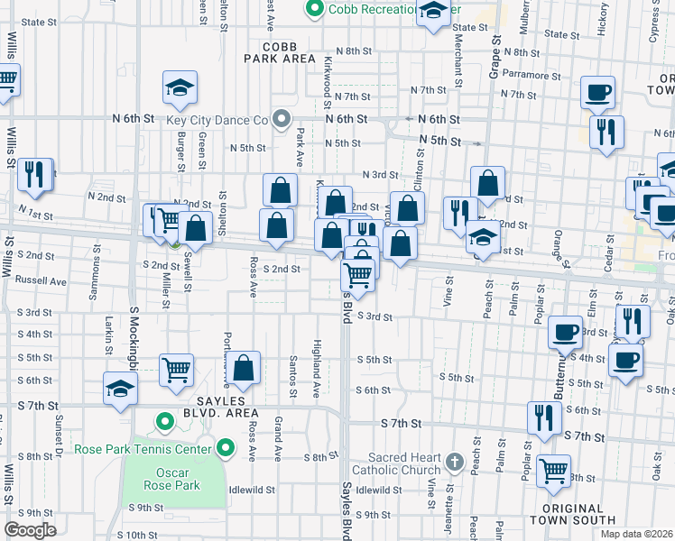 map of restaurants, bars, coffee shops, grocery stores, and more near 2117 South 1st Street in Abilene