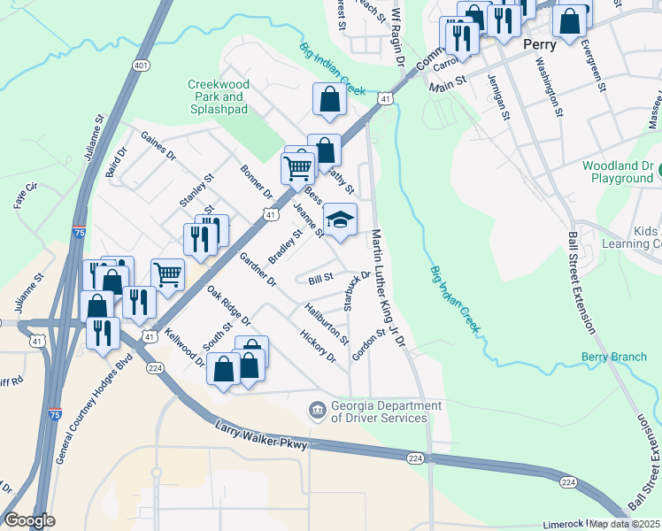 map of restaurants, bars, coffee shops, grocery stores, and more near 522 Betty Street in Perry