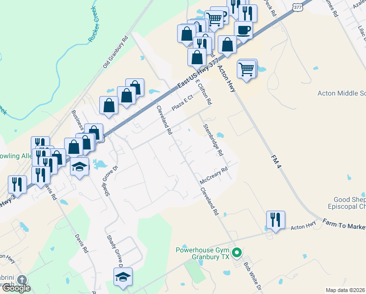 map of restaurants, bars, coffee shops, grocery stores, and more near 407 Cleveland Road in Granbury