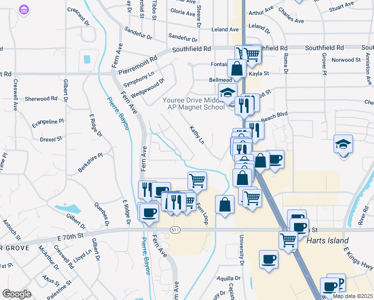 map of restaurants, bars, coffee shops, grocery stores, and more near 6121 Pierremont Place in Shreveport