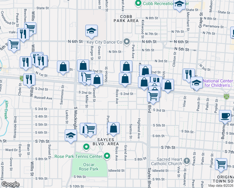 map of restaurants, bars, coffee shops, grocery stores, and more near 2501 South 1st Street in Abilene