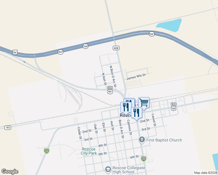 map of restaurants, bars, coffee shops, grocery stores, and more near 310 North Ash Street in Roscoe