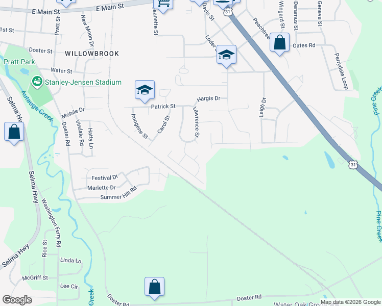 map of restaurants, bars, coffee shops, grocery stores, and more near 105 Abney Drive in Prattville