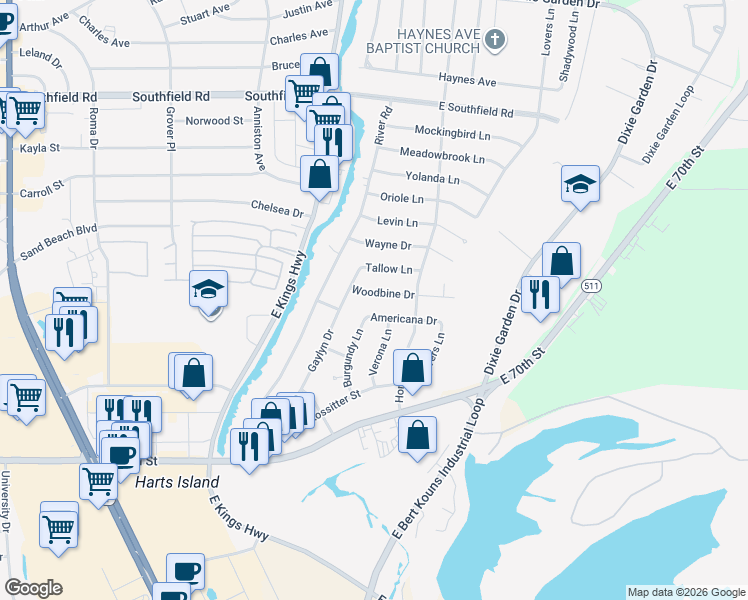 map of restaurants, bars, coffee shops, grocery stores, and more near 321 Woodbine Dr in Shreveport