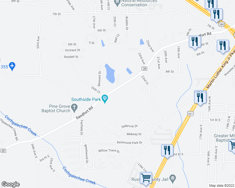 map of restaurants, bars, coffee shops, grocery stores, and more near 2421 Sandfort Road in Phenix City