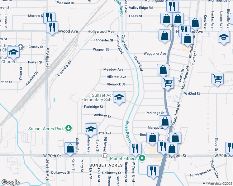 map of restaurants, bars, coffee shops, grocery stores, and more near 2933 Grassmere Street in Shreveport