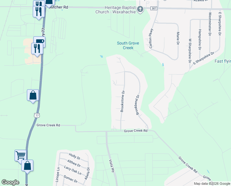 map of restaurants, bars, coffee shops, grocery stores, and more near 670 Brookhaven Court in Waxahachie