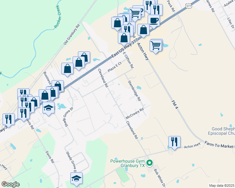 map of restaurants, bars, coffee shops, grocery stores, and more near 407 Cleveland Road in Granbury