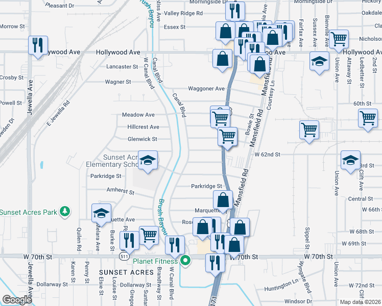 map of restaurants, bars, coffee shops, grocery stores, and more near 6302 Canal Boulevard in Shreveport
