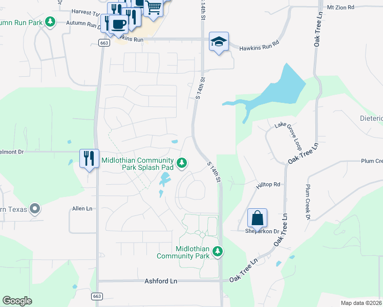 map of restaurants, bars, coffee shops, grocery stores, and more near 450 Belmont Drive in Midlothian
