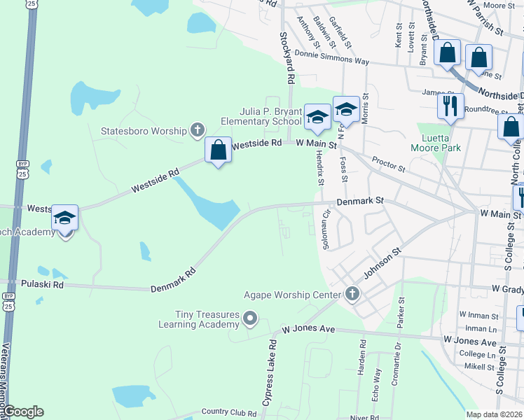 map of restaurants, bars, coffee shops, grocery stores, and more near 32 Pulaski Road in Statesboro