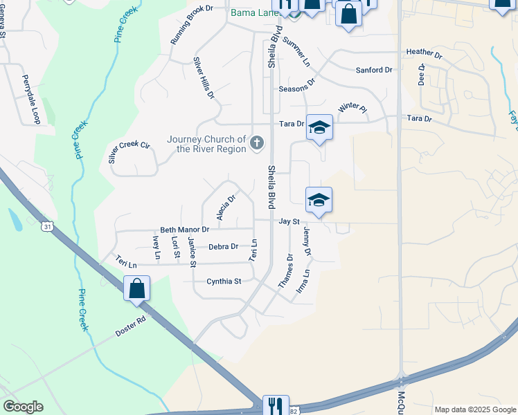 map of restaurants, bars, coffee shops, grocery stores, and more near 258 Teri Lane in Prattville
