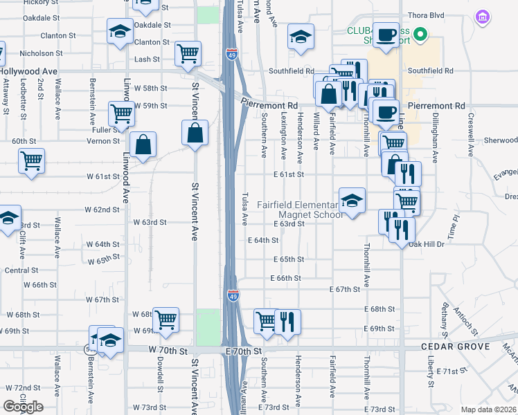 map of restaurants, bars, coffee shops, grocery stores, and more near 6130 Southern Avenue in Shreveport