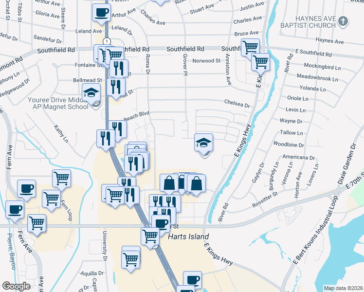 map of restaurants, bars, coffee shops, grocery stores, and more near 207 Kings Crossing in Shreveport