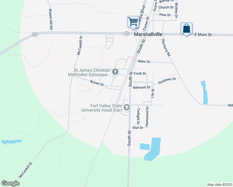 map of restaurants, bars, coffee shops, grocery stores, and more near 1st Street in Marshallville