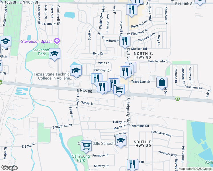 map of restaurants, bars, coffee shops, grocery stores, and more near 840 East Highway 80 in Abilene