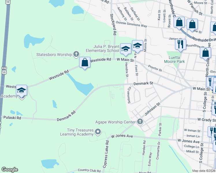 map of restaurants, bars, coffee shops, grocery stores, and more near 32 Pulaski Road in Statesboro