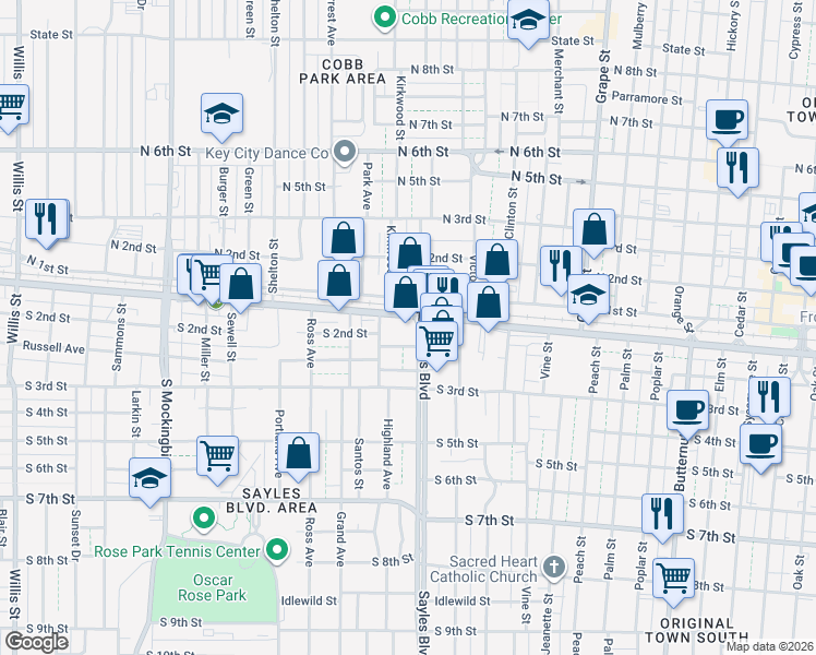 map of restaurants, bars, coffee shops, grocery stores, and more near 2117 South 1st Street in Abilene