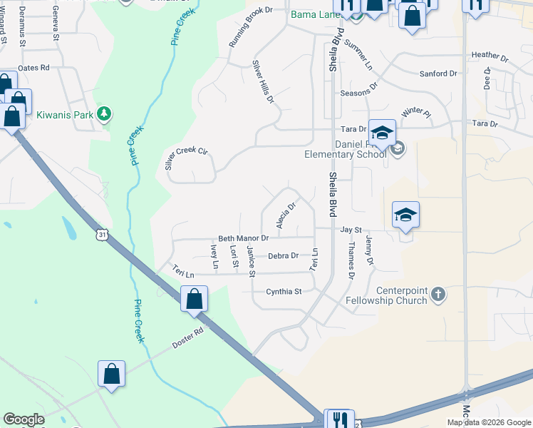 map of restaurants, bars, coffee shops, grocery stores, and more near 283 Teri Lane in Prattville