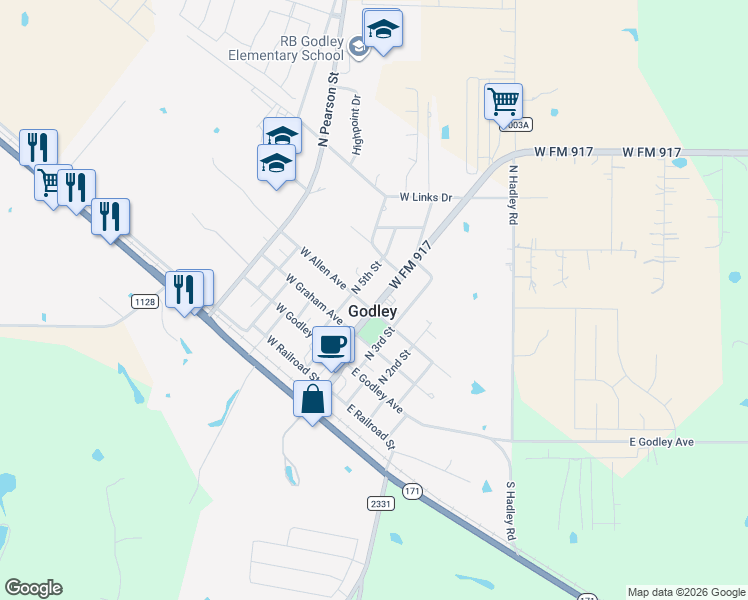 map of restaurants, bars, coffee shops, grocery stores, and more near in Godley