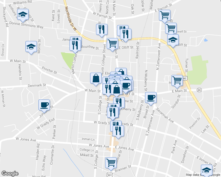 map of restaurants, bars, coffee shops, grocery stores, and more near 6 N Walnut St in Statesboro