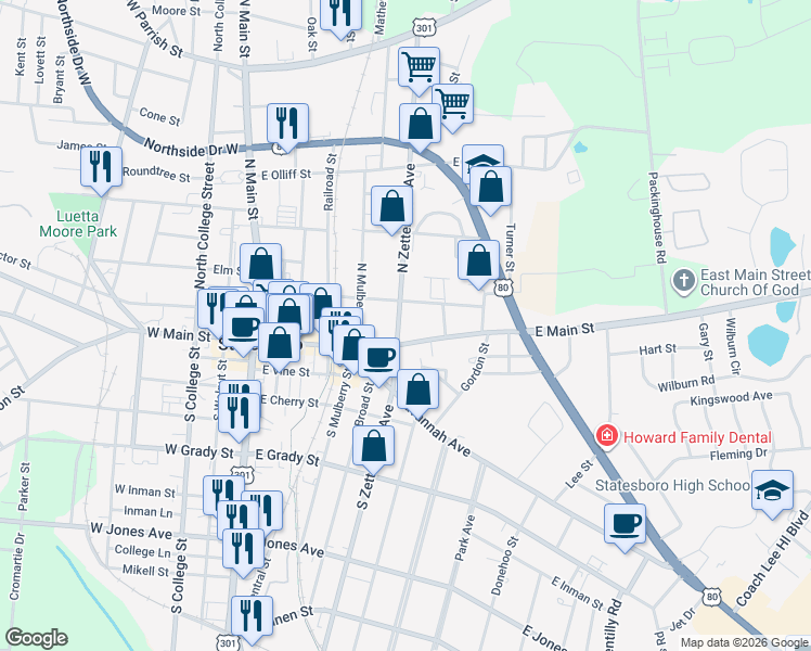 map of restaurants, bars, coffee shops, grocery stores, and more near 4 North Zetterower Avenue in Statesboro